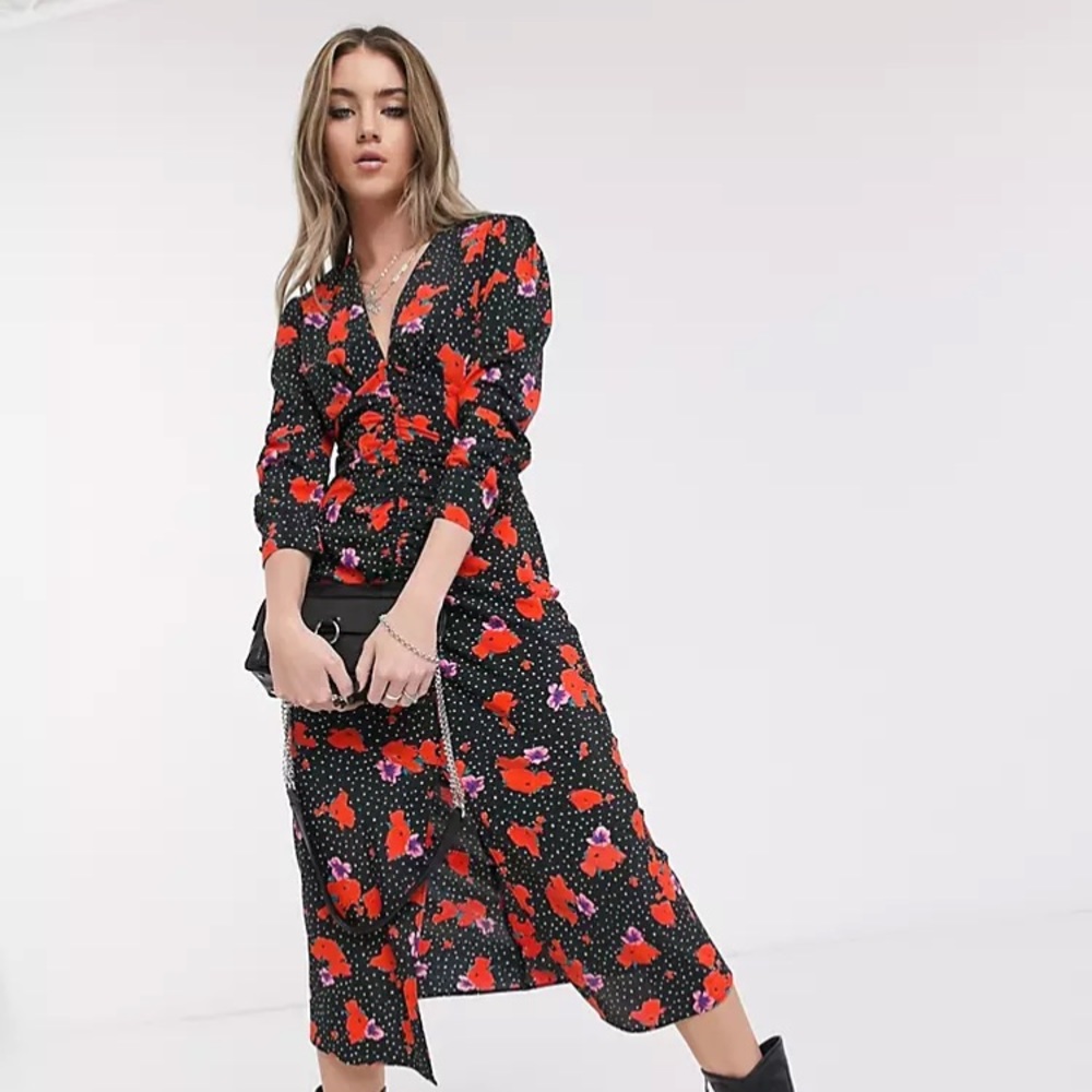 Topshop floral ruched midi dress size 12